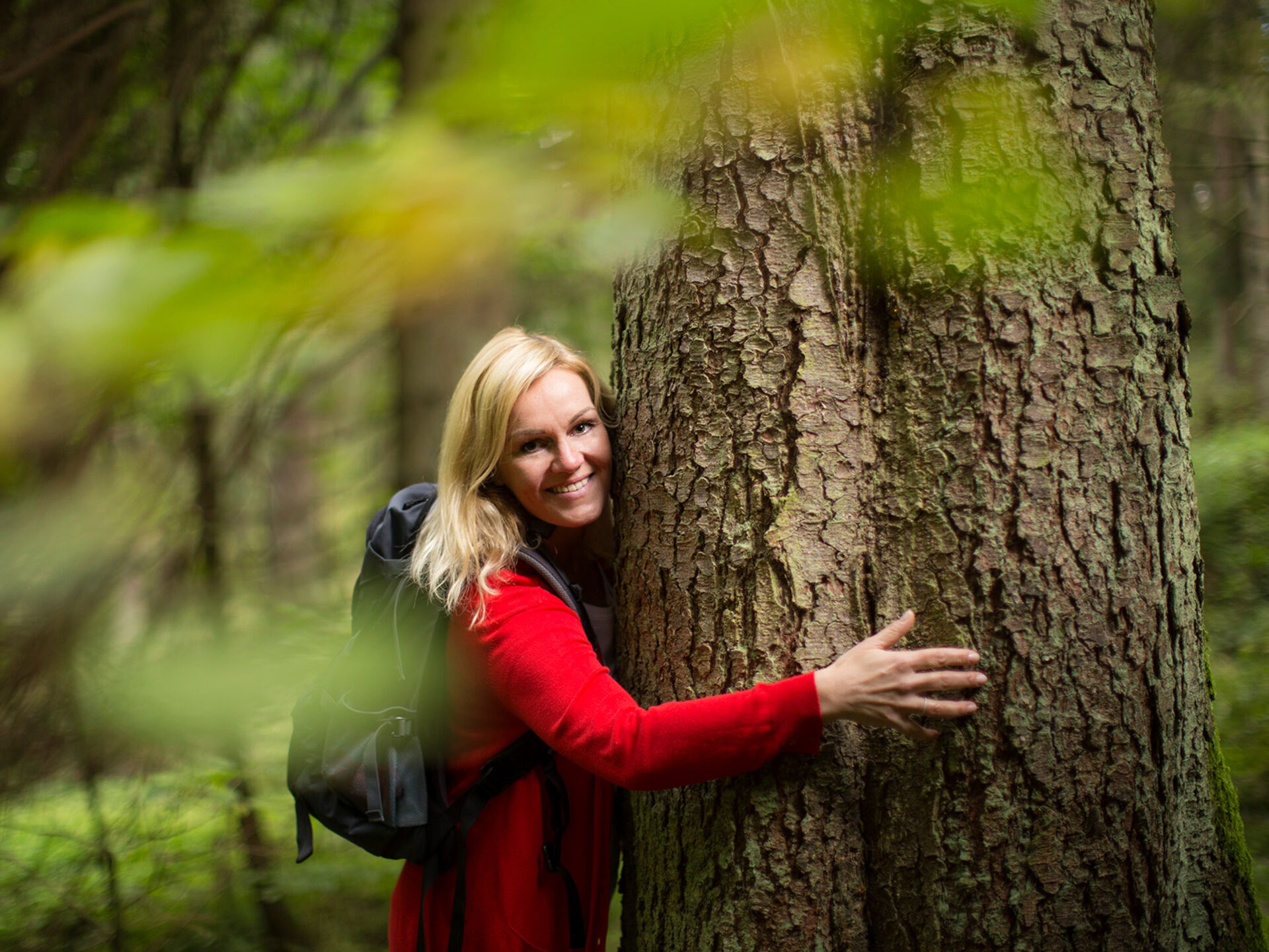 Dame umarmt einen Baum